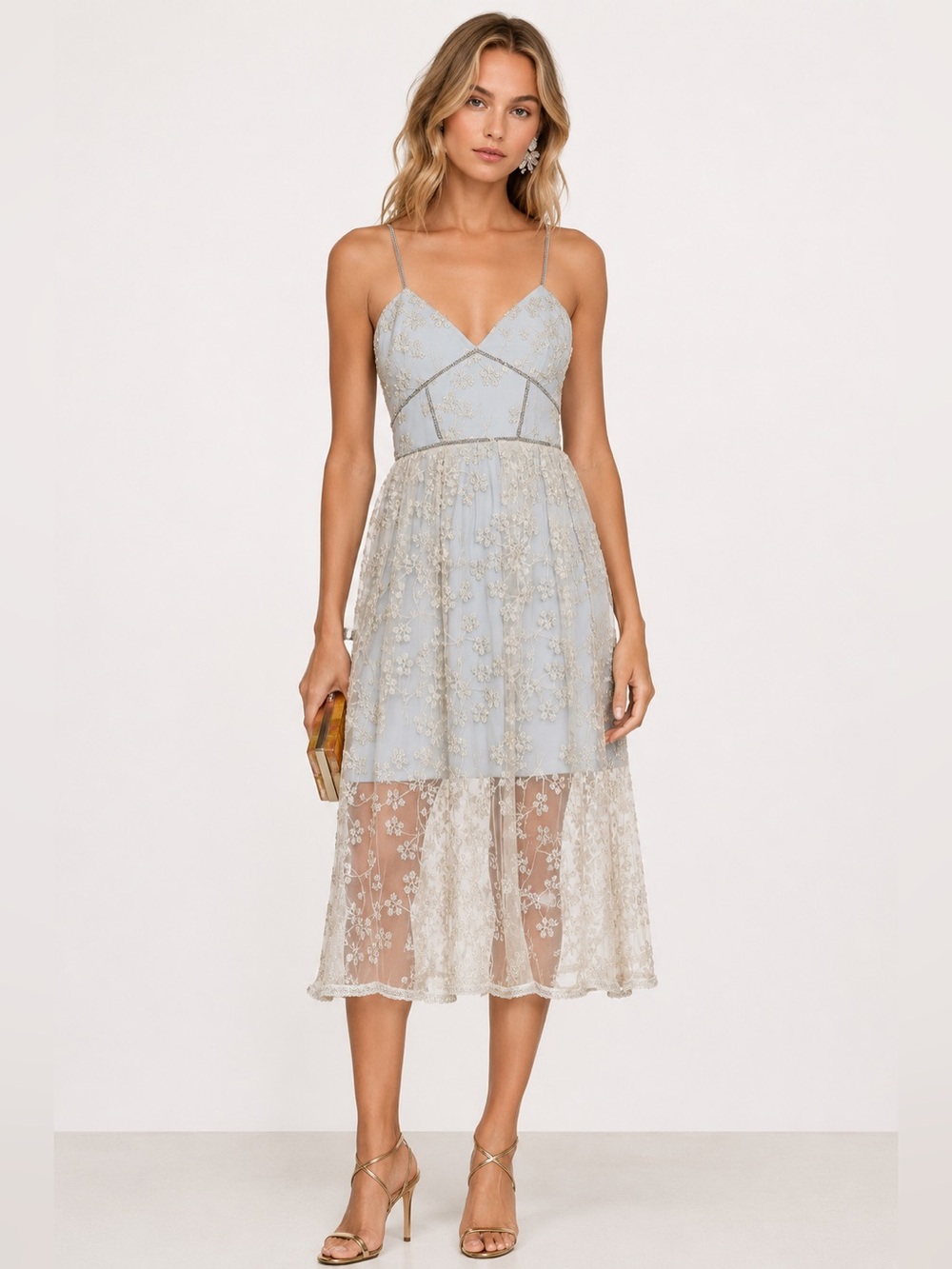Self-Portrait Light Blue Gold Embroidered Lace Midi Dress with Chain Straps US 8